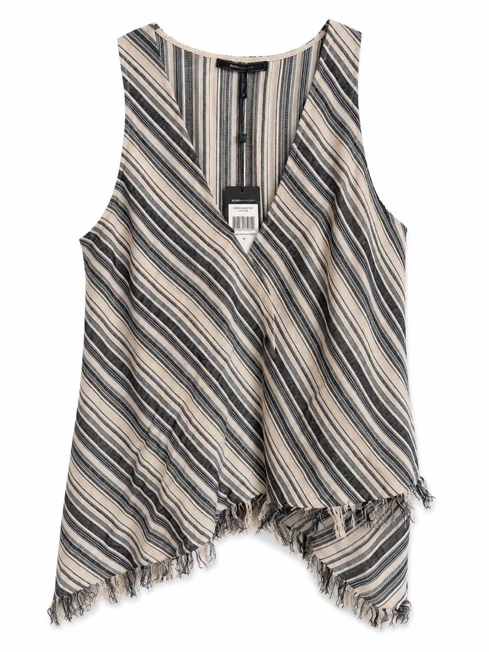 BCBGMAXAZRIA NWT Striped Fringe Open Front Vest Medium Cream Black Boho